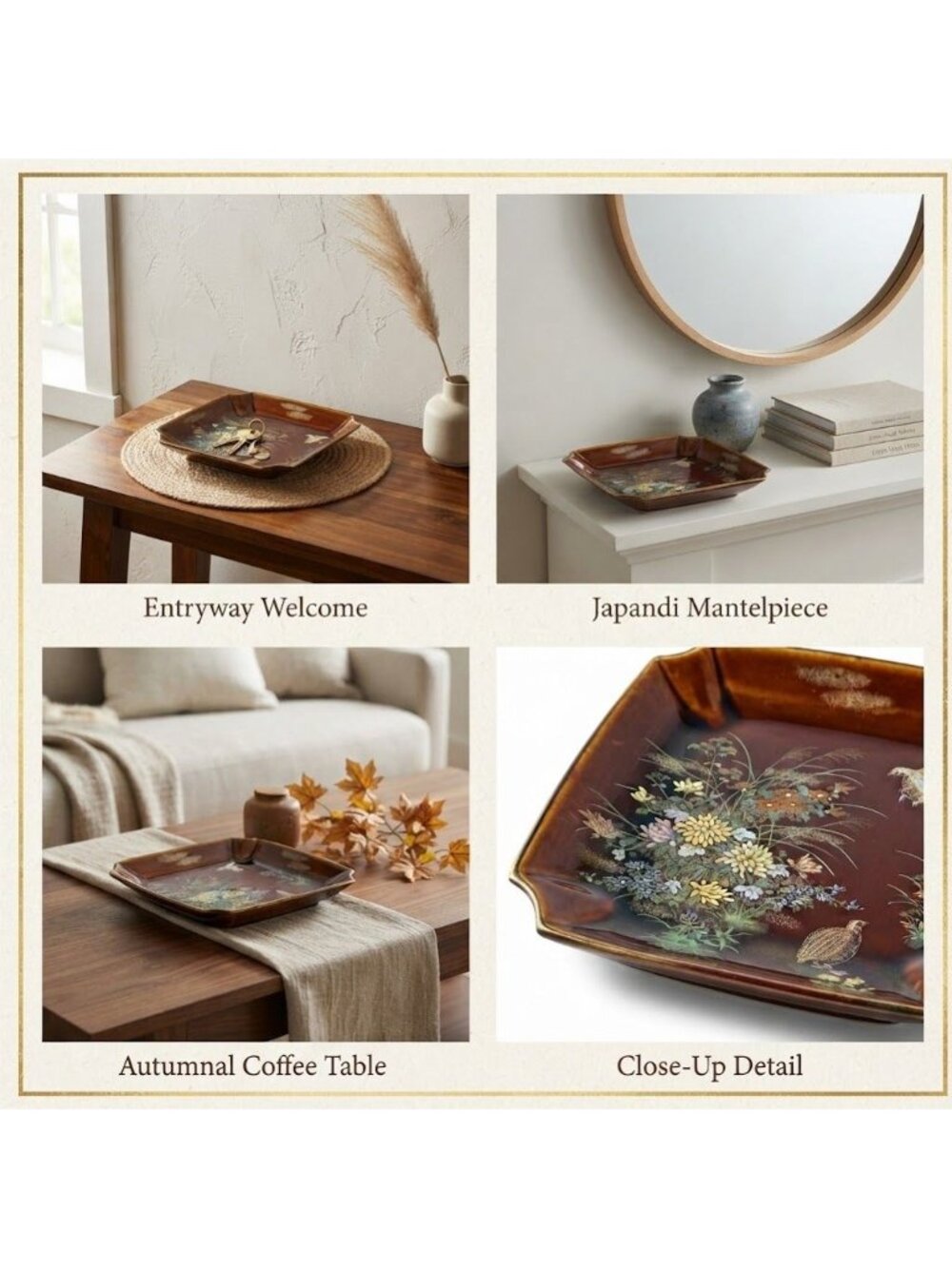 Vintage Yamaji Japan Ceramic Dish, Chrysanthemum & Quail Scene, Square Tray